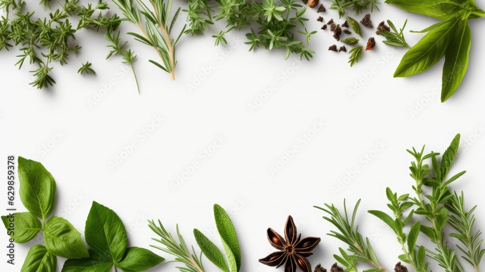 Fototapeta premium Fresh organic Mediterranean herbs and spices elements isolated white background, sage, rosemary twig and leaves, thyme, oregano, basil, green and black pepper, top view, flat lay
