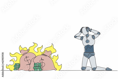 Single one line drawing robot kneeling. Finances burning up. Global financial crisis. Future technology. Artificial intelligence machine learning. Continuous line graphic design vector illustration