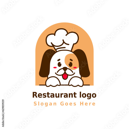 Restaurant logo design and mascot colorful illustration including cartoon cute chef dog teddy and hat