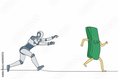 Single one line drawing robot running and chasing after run away money. Future technology development. Artificial intelligence and machine learning. Continuous line design graphic vector illustration