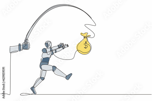 Single continuous line drawing hand with fishing pole and money bag control greedy robot. Robotic artificial intelligence. Electronic technology. One line draw graphic design vector illustration