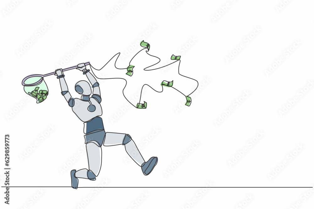 Single continuous line drawing robot trying to catch flying money with butterfly net. Robotic artificial intelligence. Electronic technology industry. One line draw graphic design vector illustration Single continuous line drawing robot trying to catch flying money with butterfly net. Robotic artificial intelligence. Electronic technology industry. One line draw graphic design vector illustration