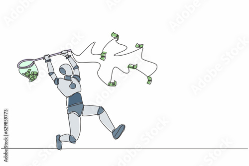 Single continuous line drawing robot trying to catch flying money with butterfly net. Robotic artificial intelligence. Electronic technology industry. One line draw graphic design vector illustration