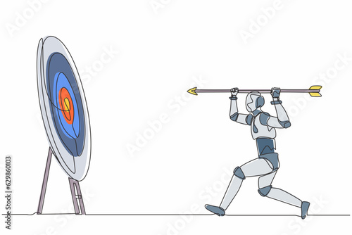 Single one line drawing robot point big arrow on target. Goal achievement. Future technology development. Artificial intelligence and machine learning. Continuous line draw design vector illustration