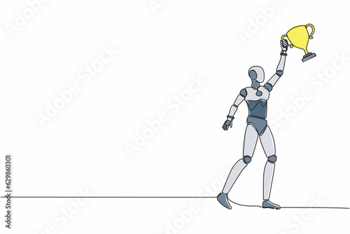 Single one line drawing robot holding trophy with one hand. Success and goal achievement. Winning competition. Future technology development. continuous line draw design graphic vector illustration © Simple Line