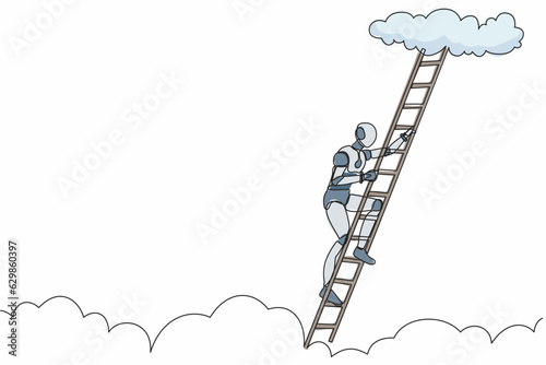 Single one line drawing robot climbing up career ladder to cloud. Future technology development. Artificial intelligence and machine learning. Continuous line draw design graphic vector illustration