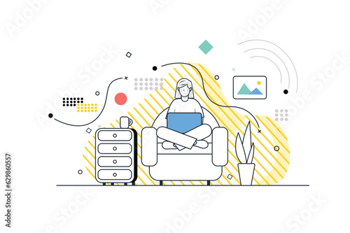 Freelance concept with people scene in the flat line cartoon design. The girl works as a freelancer while staying at home with a laptop. Vector illustration.