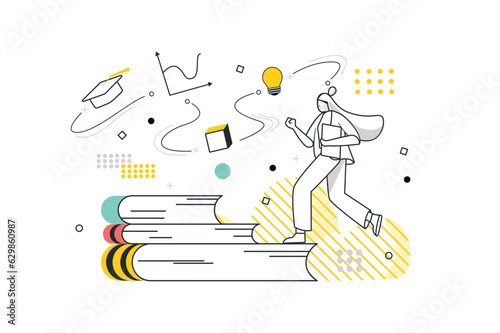 Education concept with people scene in the flat line cartoon design. The girl reads a lot of books and acquires new knowledge. Vector illustration.