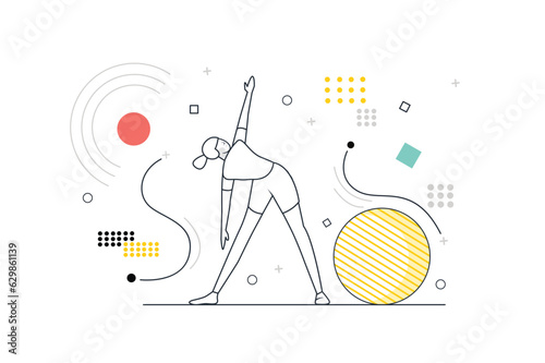 Fitness concept with people scene in the flat line cartoon design. The girl performs various physical exercises to keep her body in good shape. Vector illustration.