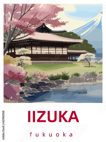 Iizuka: Retro tourism poster with a Japanese scene and the headline Iizuka in Fukuoka photo