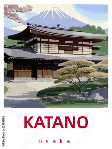 Katano: Retro tourism poster with a Japanese scene and the headline Katano in Osaka photo