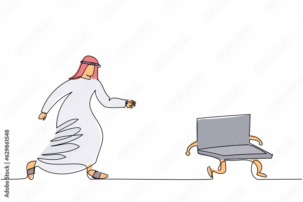 Single one line drawing Arab businessman chasing laptop. Employee who ...