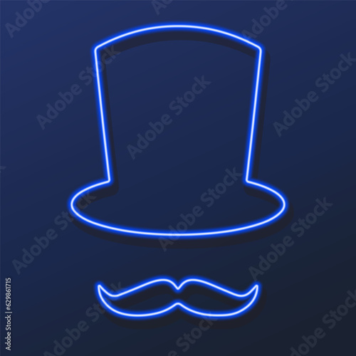 mustache hat neon sign, modern glowing banner design, colorful modern design trends on black background. Vector illustration.