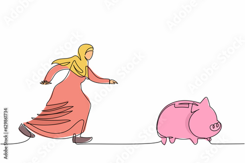 Single one line drawing Arab businesswoman chasing piggy bank. Management financial for personal use. Female manager maintain monetary crisis. Continuous line draw design graphic vector illustration