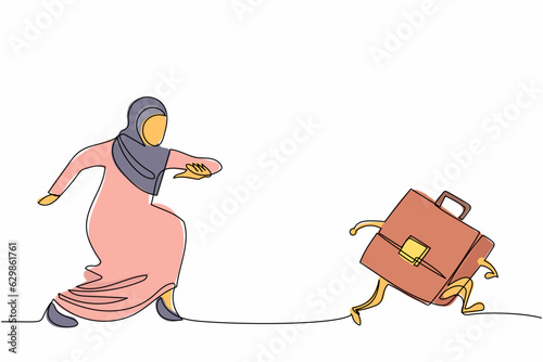 Single one line drawing Arab businesswoman chasing briefcase. Manager trying to success at office. Best performance work to growth career path. Continuous line draw design graphic vector illustration