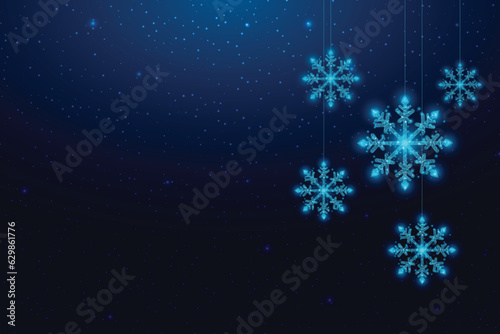 Hanging wireframe snowflakes in low poly style. Christmas and New Year concept. Abstract modern vector illustration isolated on blue background