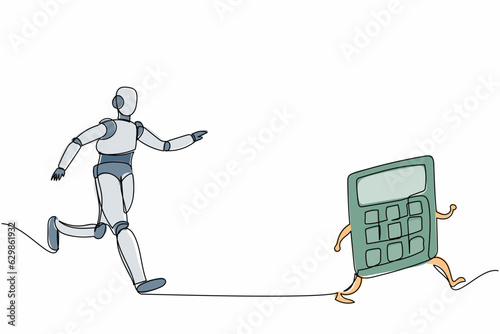 Single one line drawing robot chasing calculator. Calculation of expenses in tech factory. Future technology development. Artificial intelligence. Continuous line graphic design vector illustration