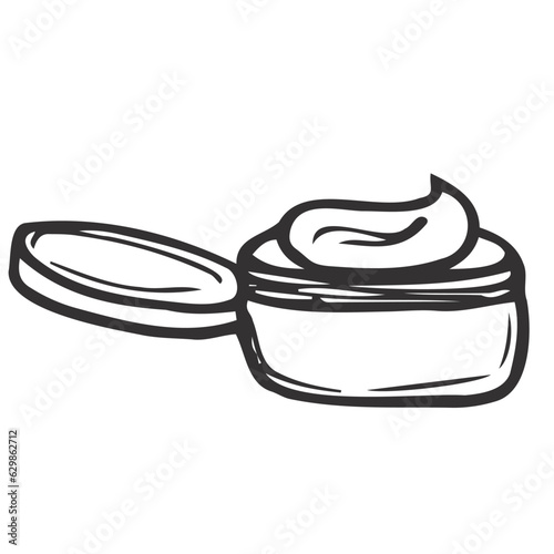 Cream in an open jar. Cosmetics. Face and body care products. Vector hand-drawn doodle illustration. Black and white outline