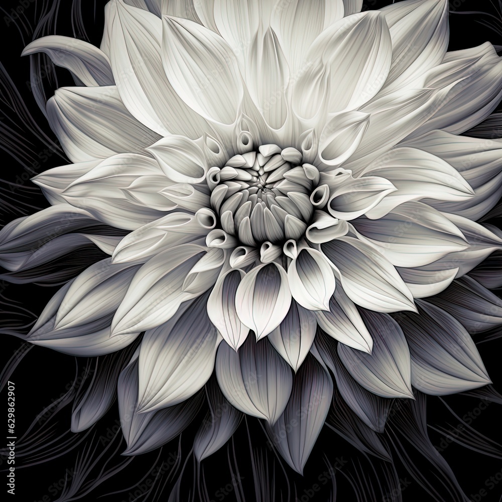 abstract dahlia, black and white illustration. Generative AI