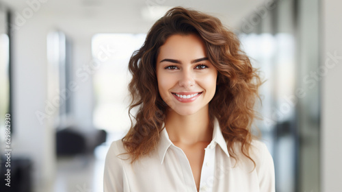 smiling woman in office style in the background of the office