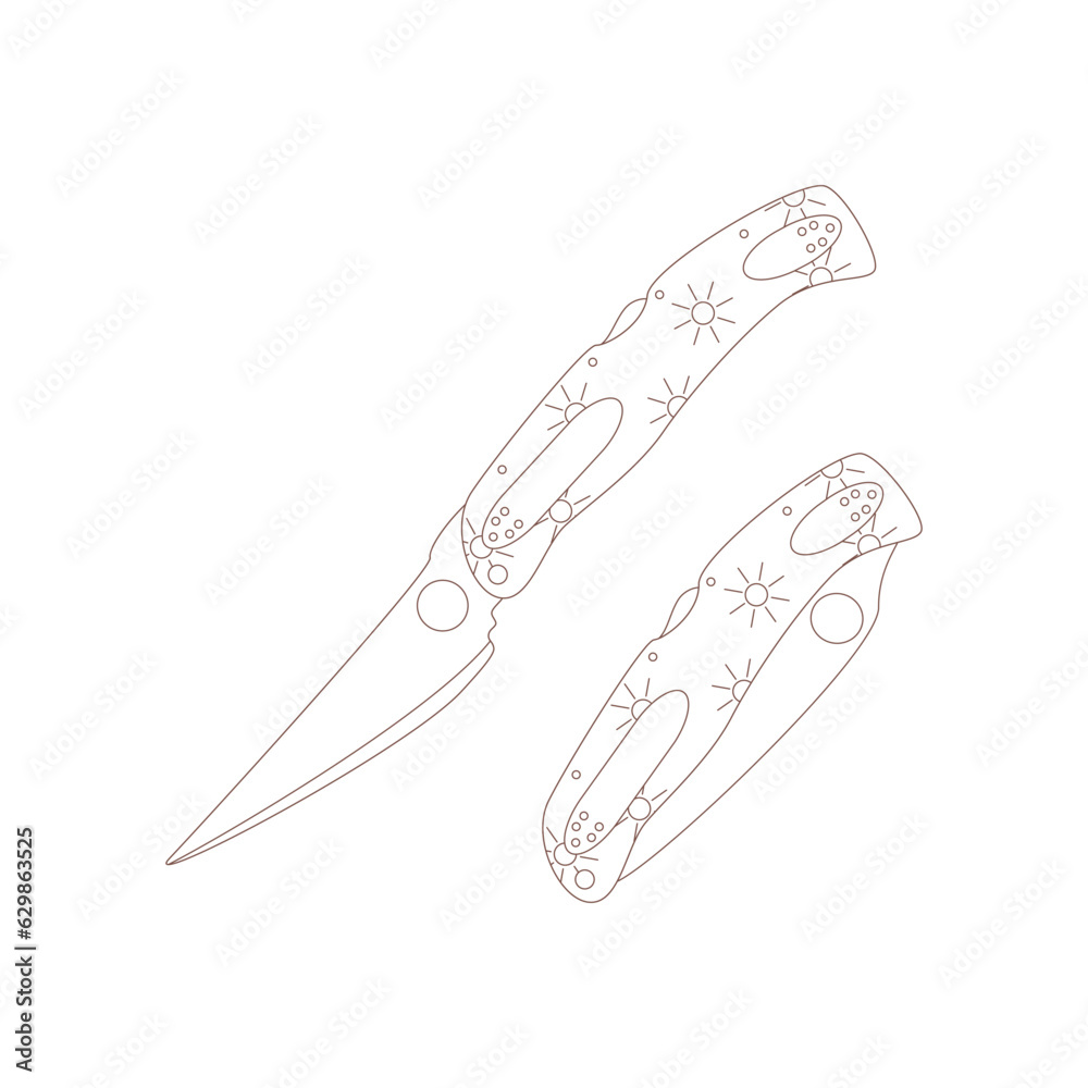 A folding knife. Drawn elements for camping and hiking. Wilderness survival, travel, hiking, outdoor recreation, tourism. A folding knife. Drawn elements for camping and hiking. Wilderness survival, travel, hiking, outdoor recreation, tourism.
