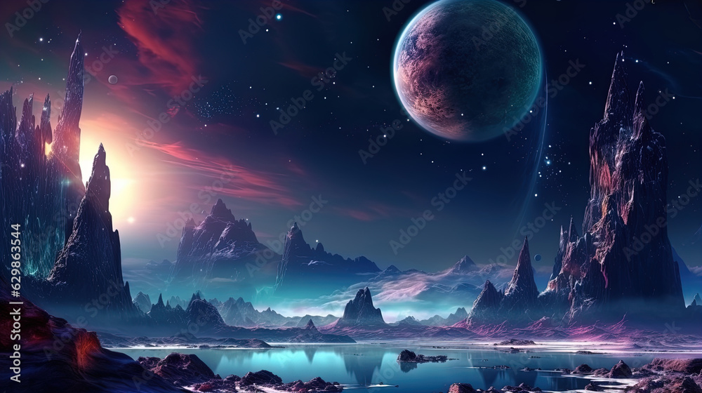 Space background with purple planet landscape, stars, satellites and alien planets in sky. Generative AI. Space background with purple planet landscape, stars, satellites and alien planets in sky. Generative AI.