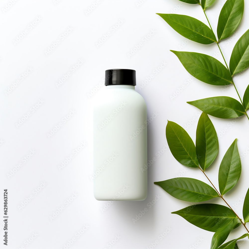 Blank supplement bottle mockup, with a leaf behind. AI Generated Image Blank supplement bottle mockup, with a leaf behind. AI Generated Image