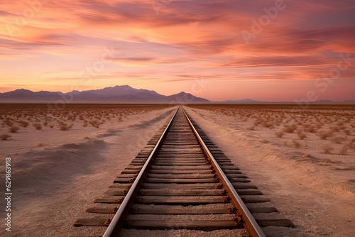 Travel concept. Railroad track with beautiful desert landscape. Mountain view at classic sunset background. Transportation and sky