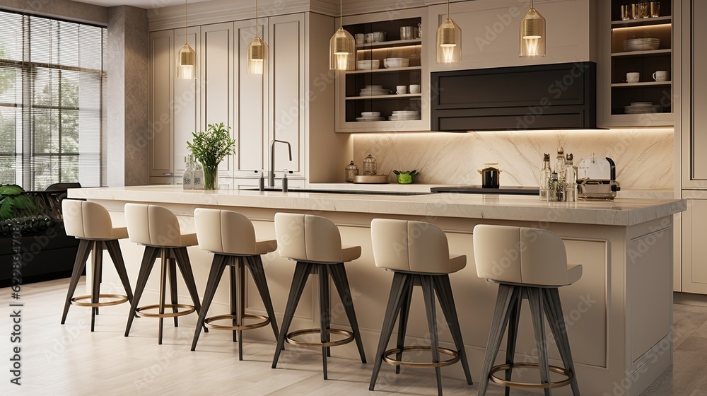 beige cooking interior bar chairs countertop, generative ai