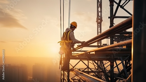 Construction engineer worker at heights architecture sci-fi construction working platform on top of building suspended cables fall protection and scaffolding installation, generative ai