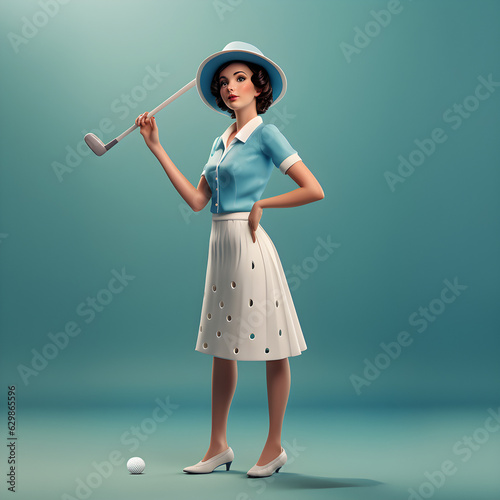 illustration of a female golfer, in the style of worked 3d clay play dough on a blue background 