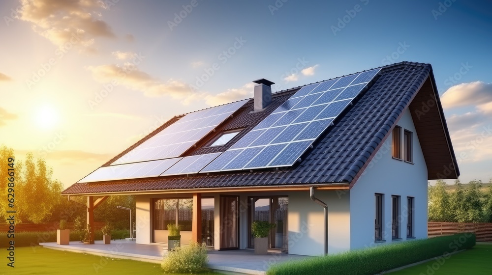 House with solar panels on the roof sustainable and clean energy at home House with solar panels on the roof sustainable and clean energy at home