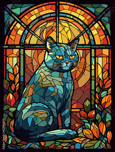 British shorthair cat in stained glass window art style