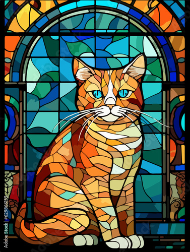 British shorthair cat in stained glass window art style