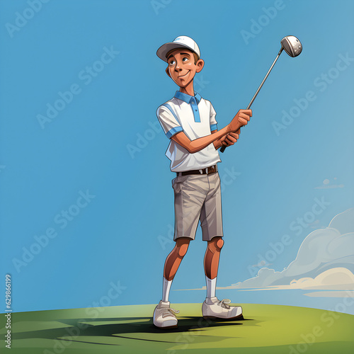 illustration ofa young golfer on a golf course, at the fairway, looking at his swing 