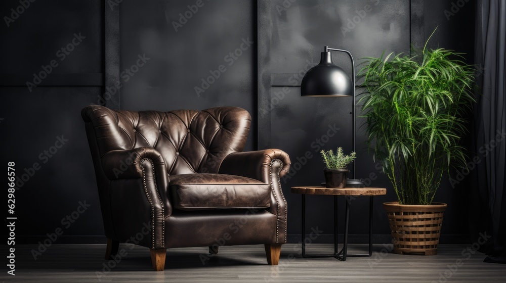 living room interior dark leather armchair, generative ai