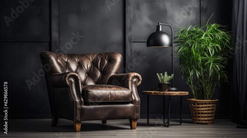 living room interior dark leather armchair, generative ai
