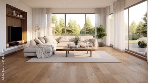 living room wood flooring white walls  generative ai