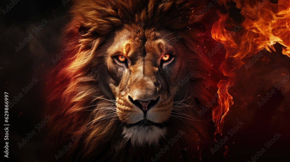 Portrait of a fire lion, generative ai Portrait of a fire lion, generative ai