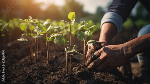 Person planting trees or working in community garden promoting local food production and habitat restoration concept of sustainability and community engagement, generative ai