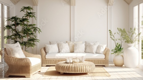 room interior white decorations wicker furniture, generative ai