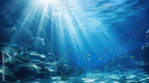 Underwater background deep blue sea and beautiful sun ray under sea, generative ai