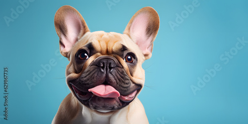 Happy smiling french bulldog puppy dog on simple turquoise background. Copy Space for Text © Luc.Pro