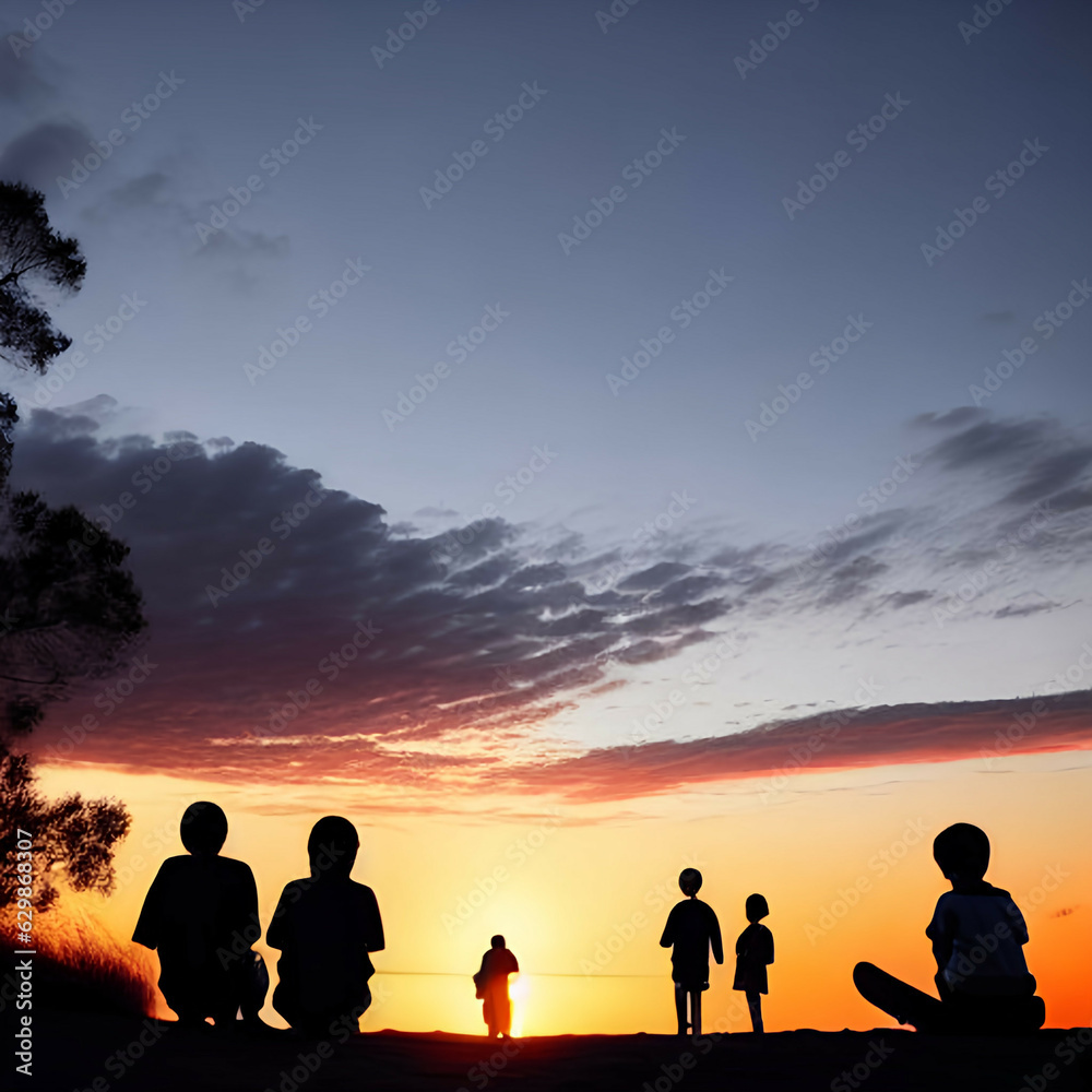 Fototapeta premium a group of children are silhouetted against a sunset
