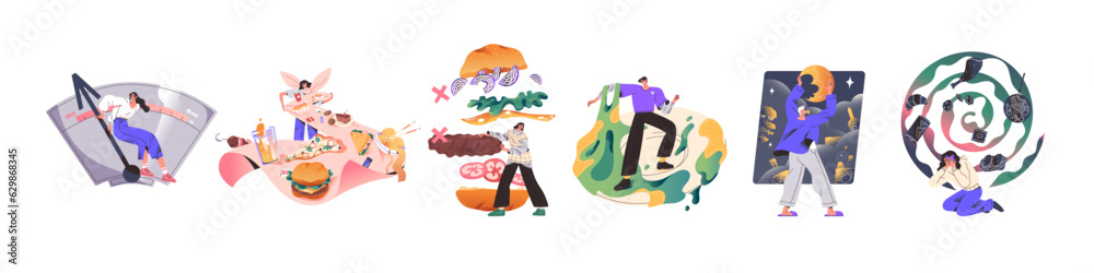 Eating disorder concept set. Sad people have wrong nutrition, psychological problems, overeating and obesity, eat fast, junk, fat, unhealthy food. Flat isolated vector illustration on white background - obrazy, fototapety, plakaty 