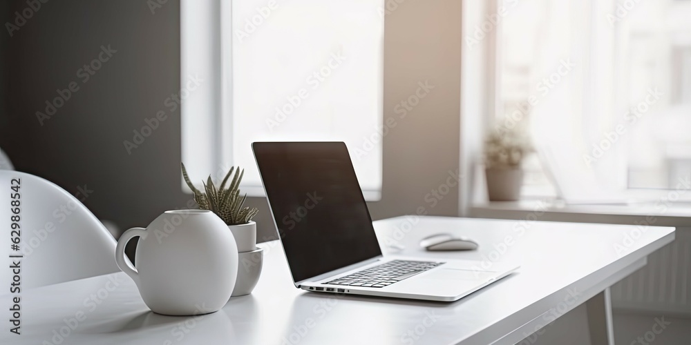 Modern Office Workspace. Laptop on a Business Desk in a Stylish Room Modern Office Workspace. Laptop on a Business Desk in a Stylish Room