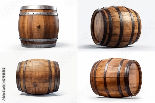 set of wooden barrels isolated on white background.