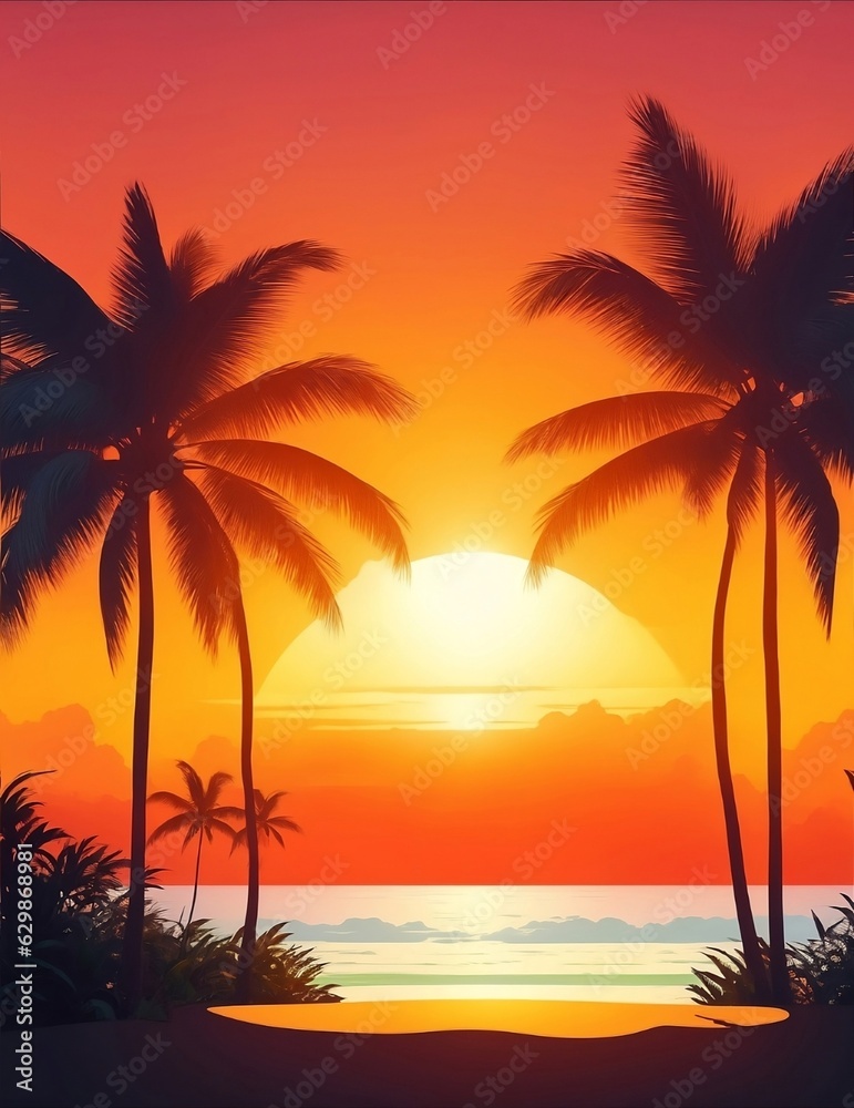 Tropical sunset with palm trees and sea. Vector illustration.