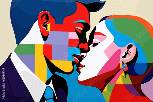 woman girl kissing man boy, LSBTQ, cartoon, illustration