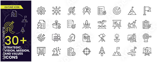 Strategy, Mission, Vision, and Values icons collections. Web page template. Modern outline icons design. Business concept. Outline Icon collections.